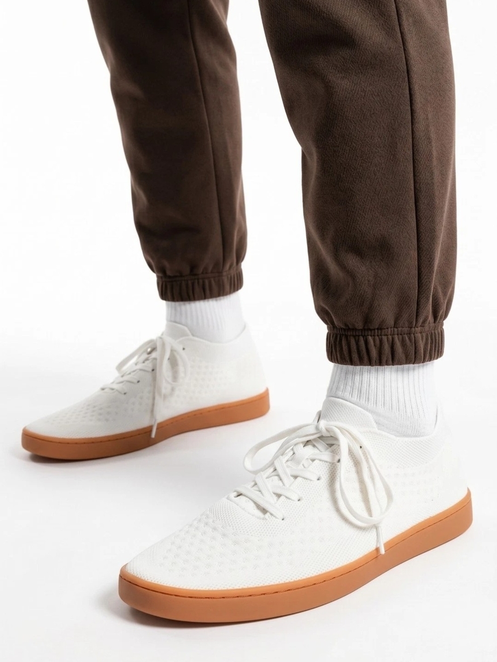 Suavs White Knit Sneakers with Orange Gum Sole